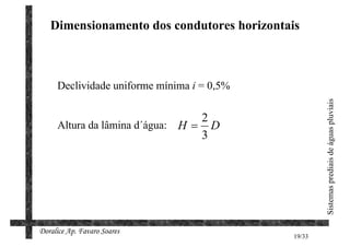 Dimensionamento dos condutores horizontais



     Declividade uniforme mínima i = 0,5%




                                                    Sistemas prediais de águas pluviais
                                 2
     Altura da lâmina d´água: H = D
                                 3




Doralice Ap. Favaro Soares
                                            19/33
 
