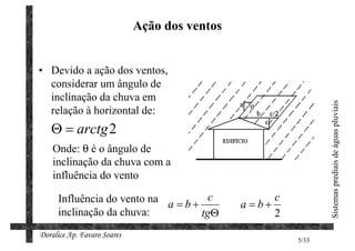 Ação dos ventos


• Devido a ação dos ventos,
  considerar um ângulo de
  inclinação da chuva em




                                                                Sistemas prediais de águas pluviais
  relação à horizontal de:
   Θ = arctg 2
    Onde: θ é o ângulo de
    inclinação da chuva com a
    influência do vento

     Influência do vento na a = b + c                c
                                               a =b+
     inclinação da chuva:          tgΘ               2
Doralice Ap. Favaro Soares
                                                         5/33
 