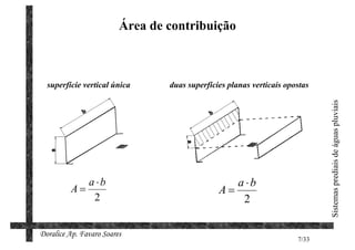 Área de contribuição



  superfície vertical única      duas superfícies planas verticais opostas




                                                                             Sistemas prediais de águas pluviais
             a ⋅b                                 a ⋅b
          A=                                   A=
              2                                    2

Doralice Ap. Favaro Soares
                                                                      7/33
 