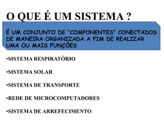 O QUE É UM SISTEMA ?É UM CONJUNTO DE “COMPONENTES” CONECTADOSDE MANEIRA ORGANIZADA A FIM DE REALIZARUMA OU MAIS FUNÇÕESSISTEMA RESPIRATÓRIO