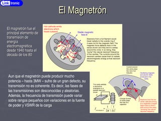 El Magnetrón
El Magnetrón
Link tronic
El magnetrón fue el
El magnetrón fue el
principal elemento de
principal elemento de
transmisión de
transmisión de
energía
energía
electromagnética
electromagnética
desde 1940 hasta el
desde 1940 hasta el
década de los 80
década de los 80
Aun que el magnetrón puede producir mucho
potencia – hasta 3MW – sufre de un gran defecto, su
transmisión no es coherente. Es decir, las fases de
las transmisiones son desconocidas y aleatorias.
Además, la frecuencia de transmisión puede variar
sobre rangos pequeños con variaciones en la fuente
de poder y VSWR de la carga
 
