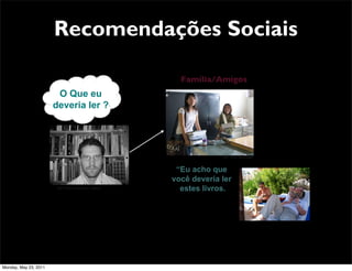 Recomendações Sociais

                                                             Família/Amigos
                                                           Amigos/ Família
                        O Que eu
                       deveria ler ?




                                                                        Ref: Flickr-BlueAlgae



                                                            “Eu acho que
                                                           você deveria ler
                        Ref: Flickr photostream: jefield     estes livros.




Monday, May 23, 2011
 