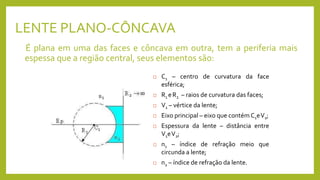 LENTE PLANO-CÔNCAVA
É plana em uma das faces e côncava em outra, tem a periferia mais
espessa que a região central, seus elementos são:
 C1 – centro de curvatura da face
esférica;
 R1 eR2 – raios de curvatura das faces;
 V1 – vértice da lente;
 Eixo principal – eixo que contém C1eV1;
 Espessura da lente – distância entre
V1eV2;
 n1 – índice de refração meio que
circunda a lente;
 n2 – índice de refração da lente.
 
