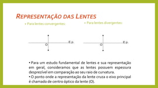 REPRESENTAÇÃO DAS LENTES
• Para lentes convergentes: • Para lentes divergentes:
• Para um estudo fundamental de lentes e sua representação
em geral, consideramos que as lentes possuem espessura
desprezível em comparação ao seu raio de curvatura.
• O ponto onde a representação da lente cruza o eixo principal
é chamado de centro óptico da lente (O).
 