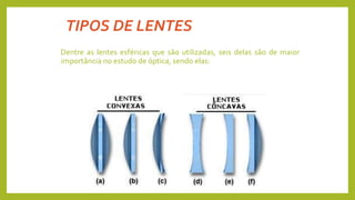 TIPOS DE LENTES
Dentre as lentes esféricas que são utilizadas, seis delas são de maior
importância no estudo de óptica, sendo elas:
 