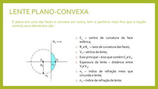 LENTE PLANO-CONVEXA
É plana em uma das faces e convexa em outra, tem a periferia mais fina que a região
central, seus elementos são:
 C1 – centro de curvatura da face
esférica;
 R1 eR2 – raios de curvatura das faces;
 V1 – vértice da lente;
 Eixo principal – eixo que contém C1eV1;
 Espessura da lente – distância entre
V1eV2;
 n1 – índice de refração meio que
circunda a lente;
 n2 – índice de refração da lente.
 
