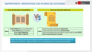 IMPORTANTE: IDENTIFICAR LOS PLANES DE ESTUDIOS
Nota: Para Efectos del Sistema Registra deberá identificar que tipo de plan de estudios se
aplica en su IEST-IES , podrá verificarlo en el consolidado de sus itinerarios formativos
 