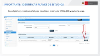 IMPORTANTE: IDENTIFICAR PLANES DE ESTUDIOS
Cuando se haya registrado el plan de estudios es importante VISUALIZAR y revisar la carga.
 
