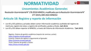 Lineamientos Académicos Generales
ResoluciónViceministerialN°178-2018-MINEDU,modificadosporlaResoluciónViceministerialN°
277-2019y049-2022-MINEDU
Articulo 18: Registro y reporte de información
• Los IES y EES públicos y privados deben contar información académica auditable del registro de
matrícula; registro de notas; y registro de certificados, grados y títulos. (art.18.1).
• Los IES y EES deben reportar al MINEDU, a través del Sistema de Información Académica…“(art.18.2).
NORMATIVIDAD
Registra- Sistema de gestión académica (reporte de nominas y actas):
https://registra.minedu.gob.pe/
Conecta- Sistema de registro y seguimiento al Egresado:
https://conecta.minedu.gob.pe/
Titula- Sistemas de grados y títulos:
https://titula.minedu.gob.pe/
 