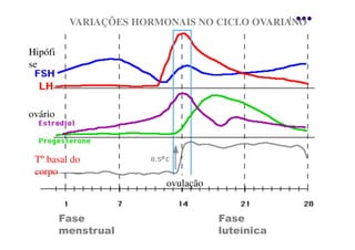 VARIAÇÕES HORMONAIS NO CICLO OVARIANO

Hipófi
se



ovário



 Tº basal do
 corpo
                         ovulação


         Fase                       Fase
         menstrual                  luteínica
 