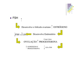 FSH


      Desenvolve o folículo ovariano      ESTRÓGENO


 FSH e LH        Desenvolve Endométrio

                            Corpo Lúteo
        OVULAÇÃO        PROGESTERONA

            ESTRÓGENO E       LH e FSH
            PROGESTERONA
 