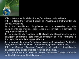 VII - o sistema nacional de informações sobre o meio ambiente;
VIII - o Cadastro Técnico Federal de Atividades e Instrumentos de
Defesa Ambiental;
IX - as penalidades disciplinares ou compensatórias ao não
cumprimento das medidas necessárias à preservação ou correção da
degradação ambiental.
X - a instituição do Relatório de Qualidade do Meio Ambiente, a ser
divulgado anualmente pelo Instituto Brasileiro do Meio Ambiente e
Recursos Naturais Renováveis - IBAMA;
XI - a garantia da prestação de informações relativas ao Meio Ambiente,
obrigando-se o Poder Público a produzí-las, quando inexistentes;
XII - o Cadastro Técnico Federal de atividades potencialmente
poluidoras e/ou utilizadoras dos recursos ambientais.
XIII - instrumentos econômicos, como concessão florestal, servidão
ambiental, seguro ambiental e outros.
 