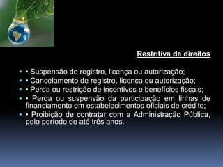 Restritiva de direitos
 • Suspensão de registro, licença ou autorização;
 • Cancelamento de registro, licença ou autorização;
 • Perda ou restrição de incentivos e benefícios fiscais;
 • Perda ou suspensão da participação em linhas de
financiamento em estabelecimentos oficiais de crédito;
 • Proibição de contratar com a Administração Pública,
pelo período de até três anos.
 