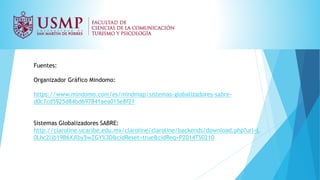 Fuentes:
Organizador Gráfico Mindomo:
https://www.mindomo.com/es/mindmap/sistemas-globalizadores-sabre-
d0c7cd5925d84bd697841aea015e8f21
Sistemas Globalizadores SABRE:
http://claroline.ucaribe.edu.mx/claroline/claroline/backends/download.php?url=L
0Lhc2ljb19B6XJlby5wZGY%3D&cidReset=true&cidReq=P2014TS0210
 