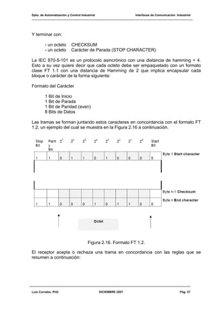 Dpto. de Automatización y Control Industrial Interfaces de Comunicación Industrial
Luis Corrales, PhD DICIEMBRE 2007 Pág. 57
Y terminar con:
- un octeto CHECKSUM
- un octeto Carácter de Parada (STOP CHARACTER)
La IEC 870-5-101 es un protocolo asincrónico con una distancia de hamming = 4.
Esto a su vez quiere decir que cada octeto debe ser empaquetado con un formato
clase FT 1.1 con una distancia de Hamming de 2 que implica encapsular cada
bloque o carácter de la forma siguiente:
Formato del Carácter
1 Bit de Inicio
1 Bit de Parada
1 Bit de Paridad (even)
8 Bits de Datos
Las tramas se forman juntando estos caracteres en concordancia con el formato FT
1.2, un ejemplo del cual se muestra en la Figura 2.16 a continuación.
Figura 2.16. Formato FT 1.2.
El receptor acepta o rechaza una trama en concordancia con las reglas que se
resumen a continuación:
 