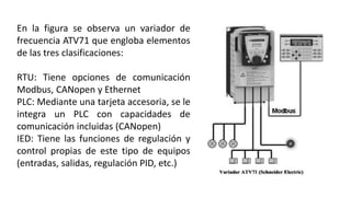 En la figura se observa un variador de
frecuencia ATV71 que engloba elementos
de las tres clasificaciones:
RTU: Tiene opciones de comunicación
Modbus, CANopen y Ethernet
PLC: Mediante una tarjeta accesoria, se le
integra un PLC con capacidades de
comunicación incluidas (CANopen)
IED: Tiene las funciones de regulación y
control propias de este tipo de equipos
(entradas, salidas, regulación PID, etc.)
 