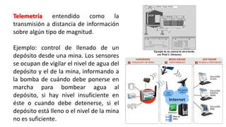 Telemetría entendido como la
transmisión a distancia de información
sobre algún tipo de magnitud.
Ejemplo: control de llenado de un
depósito desde una mina. Los sensores
se ocupan de vigilar el nivel de agua del
depósito y el de la mina, informando a
la bomba de cuándo debe ponerse en
marcha para bombear agua al
depósito, si hay nivel insuficiente en
éste o cuando debe detenerse, si el
depósito está lleno o el nivel de la mina
no es suficiente.
 