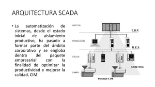 ARQUITECTURA SCADA
• La automatización de
sistemas, desde el estado
inicial de aislamiento
productivo, ha pasado a
formar parte del ámbito
corporativo y se engloba
dentro del paquete
empresarial con la
finalidad de optimizar la
productividad y mejorar la
calidad. CIM
 