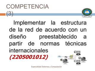 COMPETENCIA
(3)
Implementar la estructura
de la red de acuerdo con un
diseño preestablecido a
partir de normas técnicas
in...