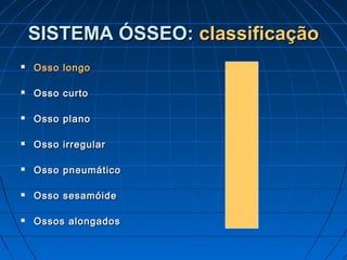 SISTEMA ÓSSEO: classificação
   Osso longo

   Osso curto

   Osso plano

   Osso irregular

   Osso pneumático

   Osso sesamóide

   Ossos alongados
 