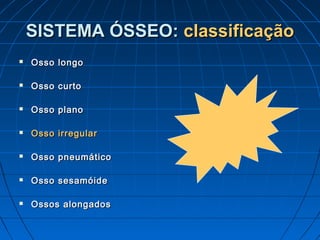 SISTEMA ÓSSEO: classificação
   Osso longo

   Osso curto

   Osso plano

   Osso irregular

   Osso pneumático

   Osso sesamóide

   Ossos alongados
 
