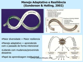 Manejo Adaptativo e Resiliência
(Gunderson & Holling, 2002)
•Maior diversidade = Maior resiliencia
•Manejo adaptativo = aprendendo
com o passado de forma intencional
•Lidando com mudancas/prevenindo
desastres
•Papel da aprendizagem institucional© Prof. Simone Athayde, 2016
 