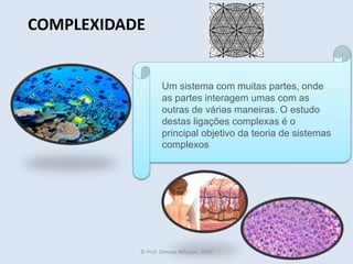 COMPLEXIDADE
Um sistema com muitas partes, onde
as partes interagem umas com as
outras de várias maneiras. O estudo
destas ligações complexas é o
principal objetivo da teoria de sistemas
complexos
© Prof. Simone Athayde, 2016
 