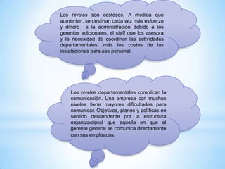 Los niveles son costosos. A medida que
aumentan, se destinan cada vez más esfuerzo
y dinero a la administración debido a los
gerentes adicionales, el staff que los asesora
y la necesidad de coordinar las actividades
departamentales, más los costos de las
instalaciones para ese personal.

Los niveles departamentales complican la
comunicación. Una empresa con muchos
niveles tiene mayores dificultades para
comunicar. Objetivos, planes y políticas en
sentido descendente por la estructura
organizacional que aquella en que el
gerente general se comunica directamente
con sus empleados.

 