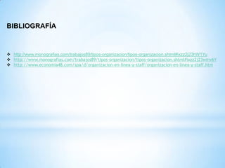 BIBLIOGRAFÍA

 http://www.monografias.com/trabajos89/tipos-organizacion/tipos-organizacion.shtml#ixzz2j23hW1Yu
 http://www.monografias.com/trabajos89/tipos-organizacion/tipos-organizacion.shtml#ixzz2j23wmv6Y
 http://www.economia48.com/spa/d/organizacion-en-linea-y-staff/organizacion-en-linea-y-staff.htm

 