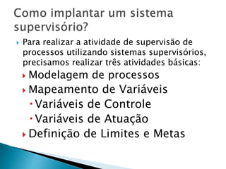  Para realizar a atividade de supervisão de 
processos utilizando sistemas supervisórios, 
precisamos realizar três atividades básicas: 
 Modelagem de processos 
 Mapeamento de Variáveis 
 Variáveis de Controle 
 Variáveis de Atuação 
 Definição de Limites e Metas 
 
