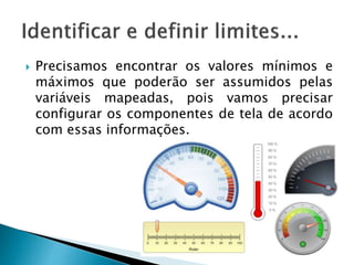  Precisamos encontrar os valores mínimos e 
máximos que poderão ser assumidos pelas 
variáveis mapeadas, pois vamos precisar 
configurar os componentes de tela de acordo 
com essas informações. 
 