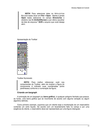 Sistemas Digitais de Controle
55
NOTA: Para selecionar telas no APPLICATION
BUILDER basta clicar em File + Open. Aberta a janela
Open basta selecionar no campo Directories o
diretório raiz C:/UniSoft/Screen e por último escolher
da lista de arquivos *.SCR o arquivo que você deseja
abrir.
Apresentação do Toolbar
1
2
DCBA
5
4
3
6
7
8
9
10
11
12
Toolbar Numerado
NOTA: Para melhor referenciar você nos
componentes do Toolbar, além de mostrar a figura do
componente é indicado suas coordenadas (entre
parênteses) conforme a numeração da figura.
Criando um bargraph
A animação de um bargraph (ou barra gráfica), é qualquer polígono fechado que possua,
ao fundo, uma barra gráfica que se movimente de acordo com alguma variação ou algum
algoritmo definido.
Como primeiro exemplo, supomos que um cliente exija a monitoração de um reservatório
contendo um certo líquido. De acordo com um levantamento feito no campo e por uma
exigência do cliente, o reservatório deve ser representado por uma figura retangular.
 