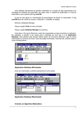 Sistemas Digitais de Controle
71
Uma utilidade interessante da planilha matemática é a criação de tags relacionados com
simulação de variáveis de supervisão. No nosso caso, a variável de supervisão é o nível do
reservatório, que é gerado pelo tag cont100.
O que se quer agora é a monitoração da porcentagem de líquido no reservatório. O tag
cont100 deve ser visível ao usuário, mostrando ‘x’ unidades no display.
Abrindo o Database Manager
Clique a opção Tools do menu principal.
Clique a opção Database Manager do submenu.
Você abriu o DATABASE MANAGER, onde são manipulados os tags envolvidos no aplicativo.
Na realidade, a planilha a ser usada para a definição do novo tag é a do Application
Database. Esta planilha está sempre aberta dentro do DATABASE MANAGER, seja na forma
maximizada ou na forma de ícone. Caso ela esteja minimizada, maximize ela, clicando sobre o
ícone correspondente.
Application Database Minimizado
Uma vez maximizada, a planilha apresenta-se como abaixo.
Application Database Maximizado
Criando um Algoritmo Matemático
 