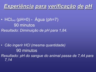 ExperiênciaparaverificaçãodepHHCl(aq) (pH=0) -  Água (ph=7)            90 minutosResultado: Diminuição de pH para 1,84.Cão ingerir HCl (mesma quantidade)              90 minutosResultado: pH do sangue do animal passa de 7,44 para 7,14