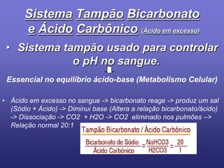 SistemaTampãoBicarbonatoeÁcidoCarbônico(Ácidoemexcesso) Sistema tampão usado para controlar o pH no sangue.Essencial no equilíbrio ácido-base (Metabolismo Celular)Ácido em excesso no sangue -> bicarbonato reage -> produz um sal (Sódio + Ácido) -> Diminui base (Altera a relação bicarbonato/ácido) -> Dissociação -> CO2  + H2O -> CO2  eliminado nos pulmões –> Relação normal 20:1