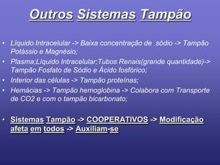 OutrosSistemasTampãoLíquido Intracelular -> Baixa concentração de  sódio -> Tampão Potássio e Magnésio;Plasma;Líquido Intracelular;Tubos Renais(grande quantidade)-> Tampão Fosfato de Sódio e Ácido fosfórico;Interior das células -> Tampão proteínas;Hemácias -> Tampão hemoglobina -> Colabora com Transporte de CO2 e com o tampão bicarbonato;SistemasTampão -> COOPERATIVOS -> Modificação afetaemtodos -> Auxiliam-se