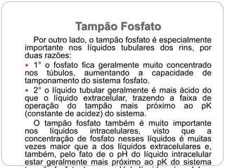 Tampão Fosfato
Por outro lado, o tampão fosfato é especialmente
importante nos líquidos tubulares dos rins, por
duas razões:
 1° o fosfato fica geralmente muito concentrado
nos túbulos, aumentando a capacidade de
tamponamento do sistema fosfato.
 2° o líquido tubular geralmente é mais ácido do
que o líquido extracelular, trazendo a faixa de
operação do tampão mais próximo ao pK
(constante de acidez) do sistema.
O tampão fosfato também é muito importante
nos líquidos intracelulares, visto que a
concentração de fosfato nesses líquidos é muitas
vezes maior que a dos líquidos extracelulares e,
também, pelo fato de o pH do líquido intracelular
estar geralmente mais próximo ao pK do sistema
 
