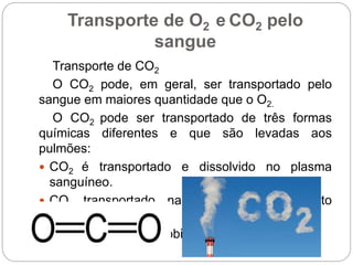 Transporte de O2 e CO2 pelo
sangue
Transporte de CO2
O CO2 pode, em geral, ser transportado pelo
sangue em maiores quantidade que o O2.
O CO2 pode ser transportado de três formas
químicas diferentes e que são levadas aos
pulmões:
 CO2 é transportado e dissolvido no plasma
sanguíneo.
 CO2 transportado na forma de bicarbonato
(HCO3
-).
 CO2 ligado à hemoglobina.
 