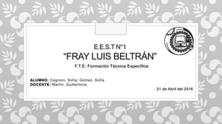 E.E.S.T N°1
“FRAY LUIS BELTRÁN”
F.T.E: Formación Técnica Específica
ALUMNO: Cagnoni, Sofía; Gómez, Sofía
DOCENTE: Martín, Guillermina
21 de Abril del 2016
 