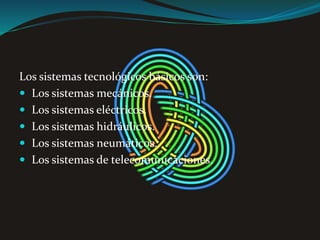Los sistemas tecnológicos básicos son:
 Los sistemas mecánicos.
 Los sistemas eléctricos.
 Los sistemas hidráulicos.
 Los sistemas neumáticos.
 Los sistemas de telecomunicaciones.
 