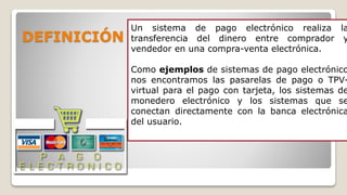 DEFINICIÓN
Un sistema de pago electrónico realiza la
transferencia del dinero entre comprador y
vendedor en una compra-venta electrónica.
Como ejemplos de sistemas de pago electrónico
nos encontramos las pasarelas de pago o TPV-
virtual para el pago con tarjeta, los sistemas de
monedero electrónico y los sistemas que se
conectan directamente con la banca electrónica
del usuario.
 