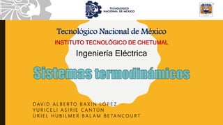 D AV I D A L B E R TO B A X I N L Ó P E Z
Y U R I C E L I A S I R I E C A N T Ú N
U R I E L H U B I L M E R B A L A M B E TA N C O U R T
Tecnológico Nacional de México
INSTITUTO TECNOLÓGICO DE CHETUMAL
Ingeniería Eléctrica
 