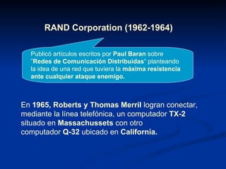 RAND Corporation (1962-1964) Publicó artículos escritos por  Paul Baran  sobre ” Redes de Comunicación Distribuidas “ plan...