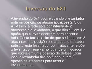 A inversão do 5x1 ocorre quando o levantador 
está na posição de ataque (posições 2, 3 ou 
4). Assim, a rede está constituída de 2 
atacantes e o levantador, o que diminui em 1 a 
opção que o levantador tem para passar a 
bola. Desta forma, a fim de que se fique com 3 
atacantes nas posições de ataque, o treinador 
substitui este levantador por 1 atacante, e põe 
o levantador reserva no lugar de um jogador 
que esteja em uma posição de defesa. Com 
isso, o levantador fica no fundo, e tem 3 
opções de atacantes para fazer o 
levantamento. 
