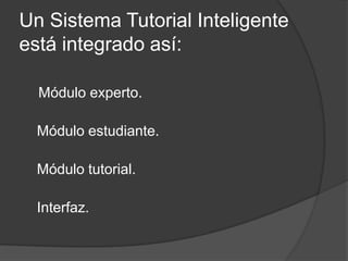 Un Sistema Tutorial Inteligente está integrado así:    Módulo experto.Módulo estudiante.Módulo tutorial.Interfaz.