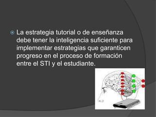 La estrategia tutorial o de enseñanza debe tener la inteligencia suficiente para implementar estrategias que garanticen progreso en el proceso de formación entre el STI y el estudiante.
