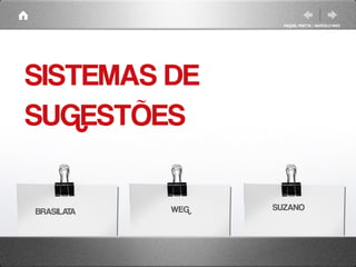 RAQUEL PISETTA | MARCELO PAES




SISTEMAS DE
SUGESTÕES

BRASILATA   WEG   SUZANO
 