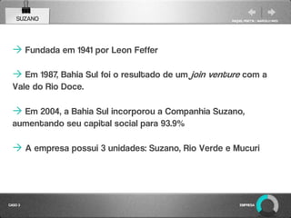 SUZANO                                            RAQUEL PISETTA | MARCELO PAES




   Fundada em 1941 por Leon Feffer

   Em 1987, Bahia Sul foi o resultado de um join venture com a
  Vale do Rio Doce.

   Em 2004, a Bahia Sul incorporou a Companhia Suzano,
  aumentando seu capital social para 93.9%

   A empresa possui 3 unidades: Suzano, Rio Verde e Mucuri




CASO 3                                                    EMPRESA
 