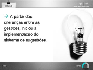 SUZANO                RAQUEL PISETTA | MARCELO PAES




   A partir das
  diferenças entre as
  gestões, iniciou a
  implementação do
  sistema de sugestões.




CASO 3                        EMPRESA
 