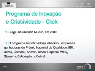SUZANO                                           RAQUEL PISETTA | MARCELO PAES




    Programa de Inovação
    e Criatividade - Click
   Surgiu na unidade Mucuri, em 2000

   O programa benchmarking observou empresas
  ganhadoras do Prêmio Nacional de Qualidade: IBM,
  Xerox, Citibank, Serasa, Alcoa, Copesul, WEG,
  Siemens, Catterpilar e Cetrel

CASO 3                                                SISTEMA DE
                                                      SUGESTÕES
 